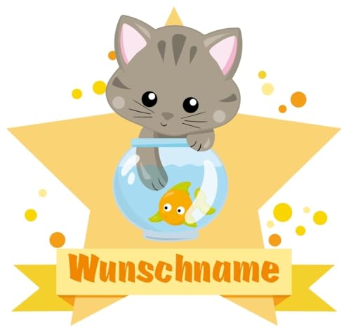 Samunshi® Katze & Fisch Wandtattoo Türschild mit Name personalisierbar Kinderzimmer Türaufkleber Baby Wandaufkleber - 25x22cm mehrfarbig von Samunshi