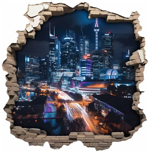 Samunshi® Wandtattoo Wandriss mit Stadt bei Nacht Skyline Fenster in andere Welt Portal Wanddekoration Wandsticker für Kinderzimmer Wohnzimmer Wanddeko 50 x 50cm von Samunshi