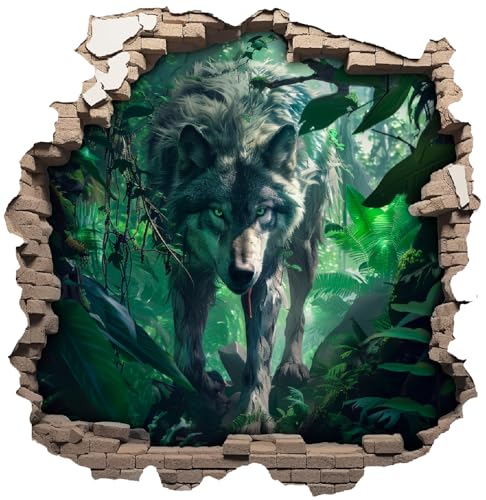 Samunshi® Wandtattoo Wandriss mit Wolf in Wald Raptor Dinosaurier Fenster in andere Welt Portal Wanddekoration Wandsticker für Kinderzimmer Wohnzimmer Wanddeko 30x30cm von Samunshi