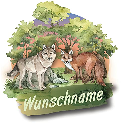 Samunshi® Wolf und Fuchs Wandtattoo Türschild mit Name personalisierbar Kinderzimmer Türaufkleber Baby Wandaufkleber 90 x 90cm Wolf und Fuchs von Samunshi
