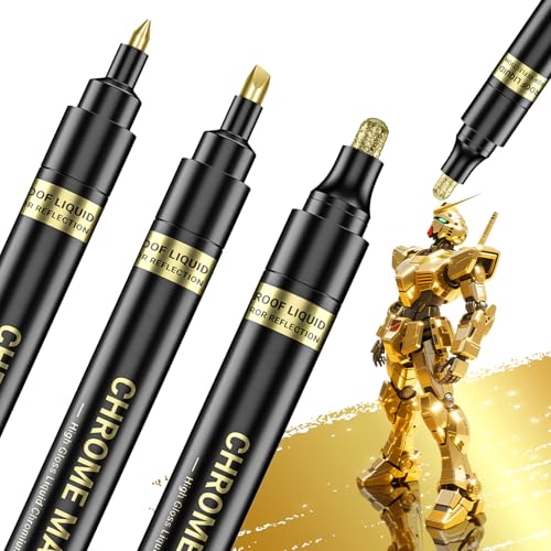 3Pcs Gold Flüssigkeit Spiegel Chrom Marker, Permanent reflektierende Flüssigkeit Chrom Paint Stifte Set, Hochglanz Kunst Auto DIY Modell Reparatur Marker Set für Kunststoff Metall Glas Keramik von San Jeirie