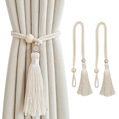 SanKristo 2 Pack Natürliche Baumwolle Vorhang Raffhalter, Boho Gardinenclips mit Verstellbarer Kristallschnalle, Handgewebt Gardinenhalter mit Quasten Anhänger für Home Bedroom (Beige) von SanKristo