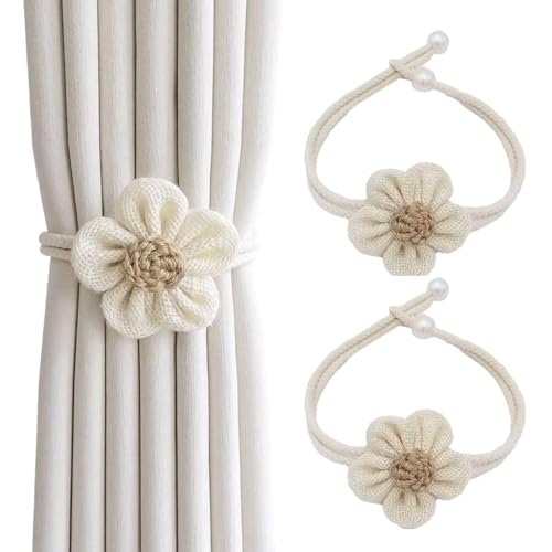 SanKristo 2 Stück Natürliche Vorhang Raffhalter, Blume Vorhang Schnallen mit Verstellbaren Perle Schnalle, Ohne Bohren Vorhang Krawatten mit Stiften für Dekoration Haus, Beige von SanKristo