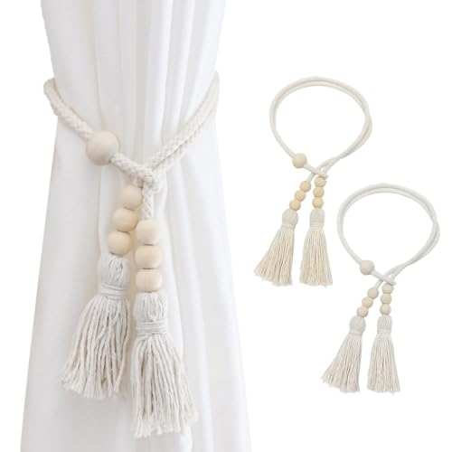 SanKristo Vorhang Raffhalter 2 Stück, Ohne Stanzen Einstellbare Länge Handgeflochtenes Seil Zwei Bindungsarten, Boho Abnehmbare Holzperlen Dekoration Vorhang Krawatten-Rücken Gardinen Zubehör Beige von SanKristo