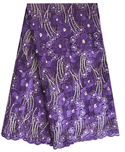 SanVera17 Manuelle Perlenstickerei, Glitzerstein, afrikanische Spitze, Netzstoff, nigerianischer Stoff, bestickt, für Party, Hochzeit, 4,5 m, Violett, 122 cm von SanVera17