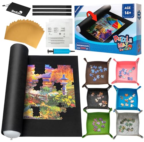 Sancaliie Puzzlematte Rolle Puzzleaufbewahrung Filzmatte Jigroll bis zu 2000 Teile mit 6 bunten Tabletts, Puzzle-Spieler, Geschenkbox mit Kordelzug-Aufbewahrungstasche, 3 Gummibänder, Handpumpe von Sancallie