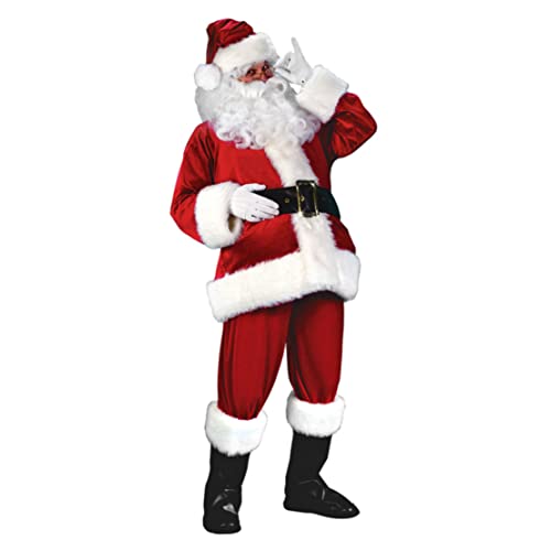 Männer Santa Claus Outfit Weihnachten Cosplay Kostüm Weißer Barthut Top Hosen Gürtel rot l 5pcs, Weihnachtsbedarf von Sanfiyya