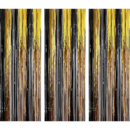 Metallic Tinsel -Vorhänge, Metallfolie -Fransenvorhänge, Fotokabinen Tinsel -Hintergründe, 3 Packungen Schwarze und goldene Streamer für Partydekorationen/3, 28 x 8, 20 ft von Sanfiyya