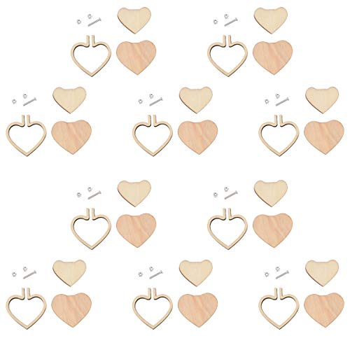 DIY Mini-Holz-Stickrahmen für Kreuzstich, verschiedene Forme, Ring zum Basteln, Nähen und Aufhängen Handwerk, Halskette, Hochzeit, Ornament, 10 Stück/Set (Herzförmig) von Sanmum