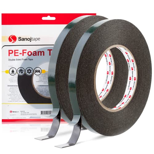 Sanojtape Doppelseitiges Klebeband Extra Stark (2-Pack) Schwarz Schaumstoff Montageband 12mm x 10m von Sanojtape