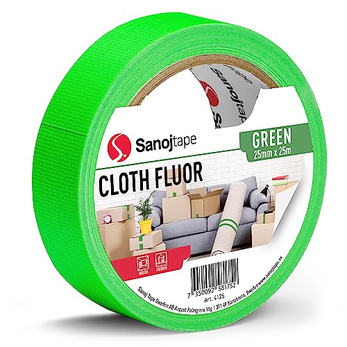 Sanojtape Neon-Fluor-Gewebeband 25mm x 25m Fluoreszierendes Grün Dekoband Fluoreszierendes Klebeband von Sanojtape