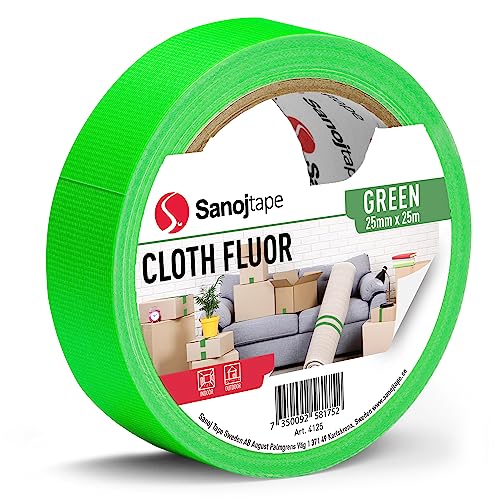 Sanojtape Neon-Fluor-Gewebeband 25mm x 25m Fluoreszierendes Grün Dekoband Fluoreszierendes Klebeband von Sanojtape