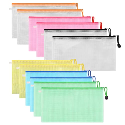 Dokumententasche A3,12 Stück Beutel mit Reißverschluss 6 Farben Dokumententaschen A3 Datei Zipper Taschen Mesh Bag Dokumententasche Reißverschluss für Bürobedarf, Datei,Kosmetik von Sanrolax