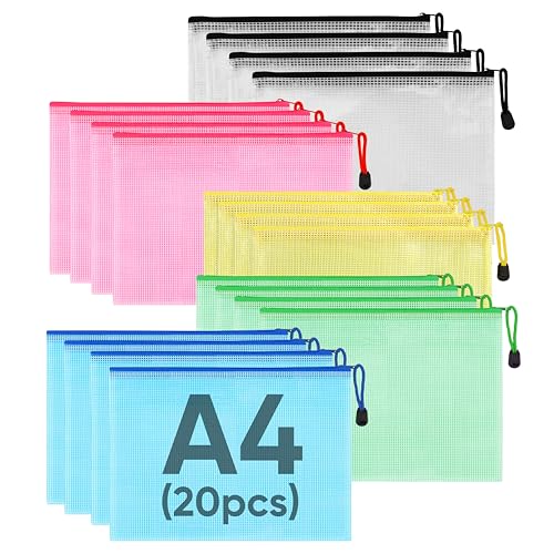 Dokumententasche A4, 20 Stück Beutel mit Reißverschluss 5 Farben Dokumententaschen A4 Datei Zipper Taschen Mesh Bag Dokumententasche Reißverschluss für Bürobedarf, Datei,Kosmetik von Sanrolax