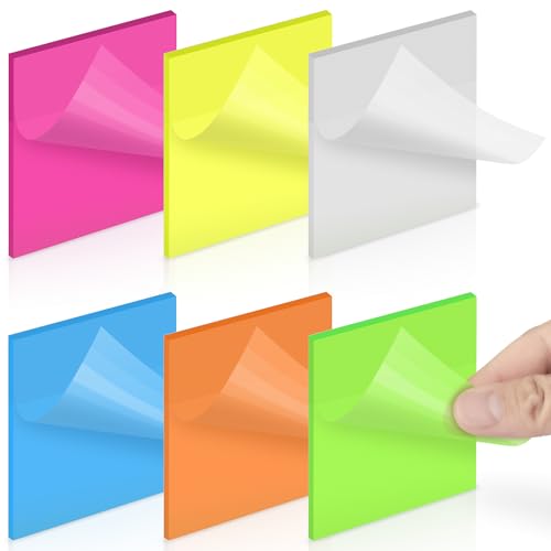 Sansoak Transparente Haftnotizen, 300Blätter Wasserdichte Durchsichtige Farbmemo Transparent Sticky Notes 76×76 mm, 50/Block, 6 Farben farbige Selbstklebende Durchsichtige Haftnotizen für Schulbüro von Sansoak