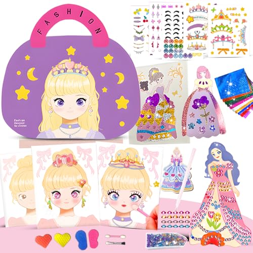 Santentre 4 in 1 Papier Dress Up Bastelset Aufkleber Spielzeug, Schminke Auf Papier Spielen, Diamond Painting Prinzessin, Folienspaß, Sticker, Geschenk für Mädchen Alter 4 5 6 7 8+ Jahr alt von Santentre