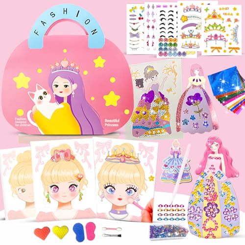 Santentre 4 in 1 Papier Dress Up Bastelset Aufkleber Spielzeug, Schminke Auf Papier Spielen, Diamond Painting Prinzessin, Folienspaß, Sticker, Geschenk für Mädchen Alter 4 5 6 7 8+ Jahr alt von Santentre