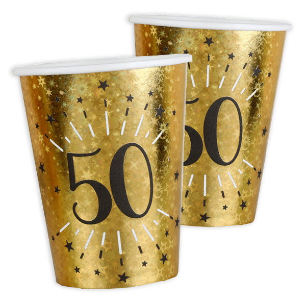 Pappbecher "50" in Gold, holografisch glitzernd, 10er Pack, 270ml von Santex