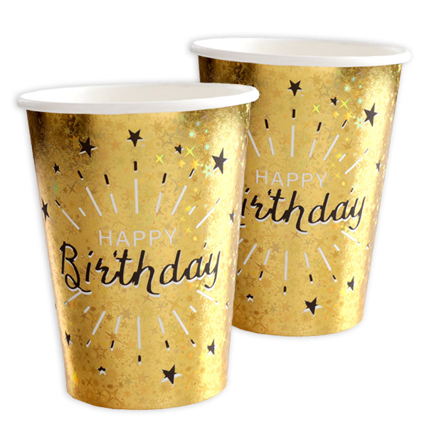 Pappbecher "Happy Birthday" in Gold, holografisch glitzernd, 10er Pack, 270ml von Santex