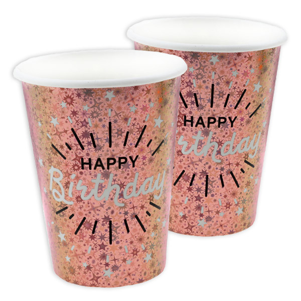 Pappbecher "Happy Birthday" in Roséold, holografisch glitzernd, 10er Pack, 270ml von Santex