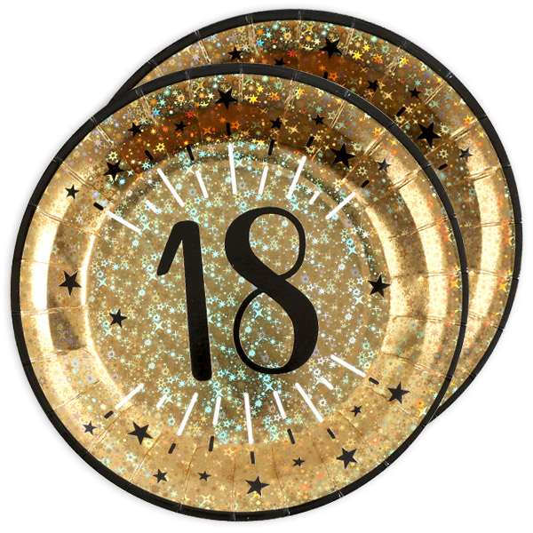 Pappteller "Zahl 18" in Gold, holografisch glitzernd, 10er Pack, Ø 22,5cm von Santex