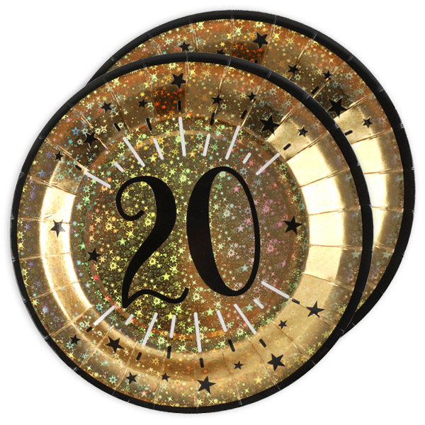 Pappteller "Zahl 20" in Gold, holografisch glitzernd, 10er Pack, Ø 22,5cm von Santex
