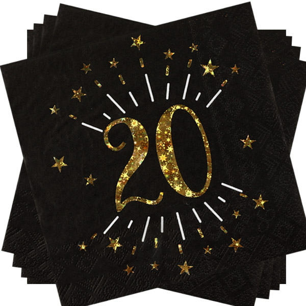 Servietten "Zahl 20" in Schwarz mit goldener Schrift, 10er Pack, 33cm von Santex