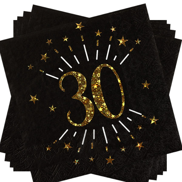 Servietten "Zahl 30" in Schwarz mit goldener Schrift, 10er Pack, 33cm von Santex