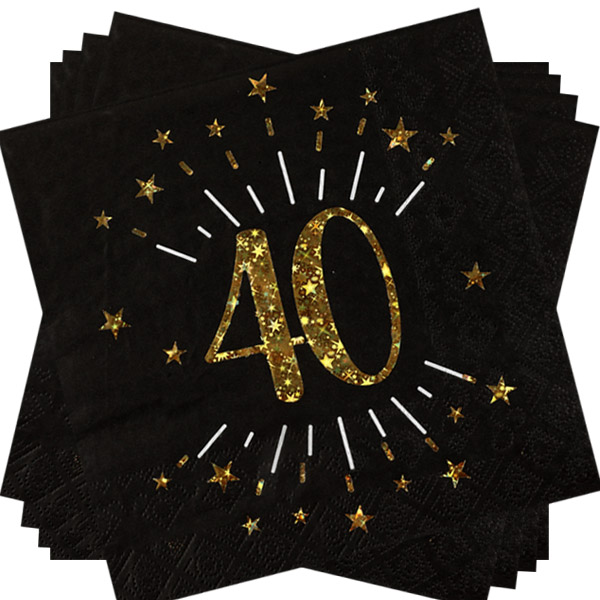 Servietten "Zahl 40" in Schwarz mit goldener Schrift, 10er Pack, 33cm von Santex