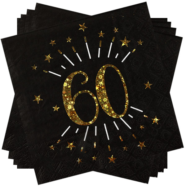 Servietten "Zahl 60" in Schwarz mit goldener Schrift, 10er Pack, 33cm von Santex