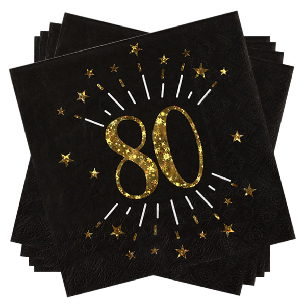 Servietten "Zahl 80" in Schwarz mit goldener Schrift, 10er Pack, 33cm von Santex