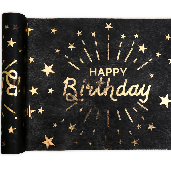Tischläufer "Happy Birthday" in schwarz-gold aus Polyester, 5m x 30cm von Santex
