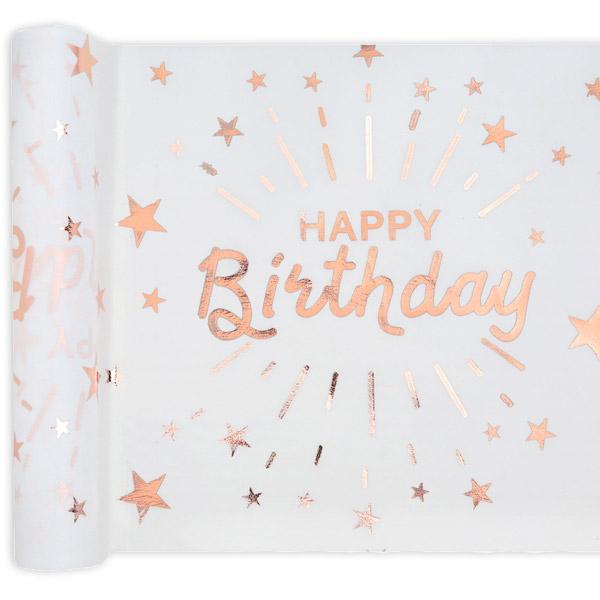 Tischläufer "Happy Birthday" in weiß-roségold aus Polyester, 5m x 30cm von Santex