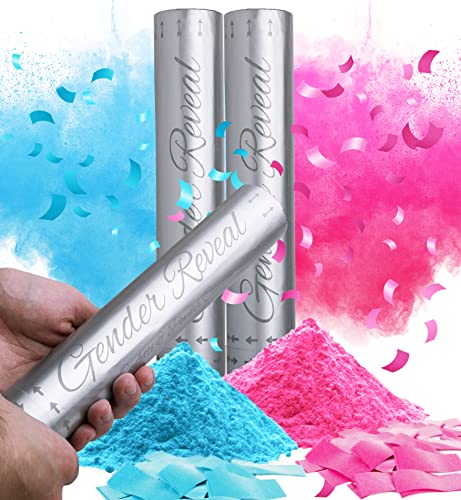 Santiago Design | Gender Reveal Confetti Cannon Set of 2-100% Biodegradable Confetti Fabric & Safe Powder Smoke - Baby Boy Girl Gender Reveal Party Supplies (1 Blau & 1 Rosa) von Santiago Design