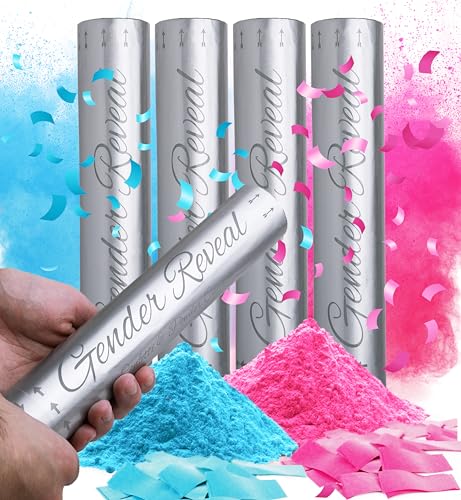 Santiago Design | Gender Reveal Konfetti Kanone Poppers - 4er-Set (2 Blau 2 Rosa) 100% Biologisch Abbaubar Konfetti Gewebe & sicher Pulverrauch - baby Junge Mädchen Gender Reveal Partybedarf von Santiago Design