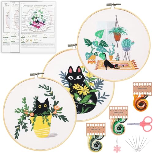Santune 3 Pack Embroidery Kits for Adults Cross Stitch Kits for Beginners Hand Embroidery with Cat Patterns and Instructions Hobby Kits for Adults with Embroidery Hoops, Threads and Needles von Santune