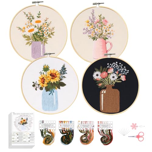 Santune Stickset für Anfänger, 4 Stück, Nadelspitzen-Sets für Erwachsene, Nadelspitzen-Sets mit Blumenmuster, Stichvideo-Tutorial von Santune