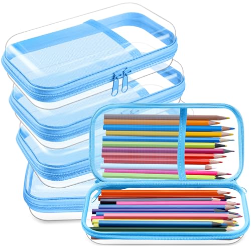 Sanwuta 4 Stück transparente Hartplastikbeutel mit Reißverschluss, Aufbewahrungsbox mit Netztasche, Kunststoff-Bleistift-Kulturbeutel, Make-up-Box, Reise-Organizer (blau) von Sanwuta