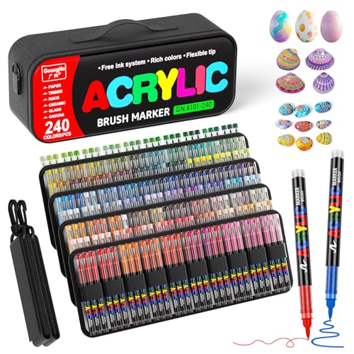 240 Farben Acrylstifte für Wasserfest,Acrylfarben-Marker Pinselspitze Rucksack-Set für Holz, Leinwand, Stoff, Glas, Metall, Papier, Keramik, Ostereier, Steinen, Deko, Geburtstagsgeschenk-Set von Sanyetral