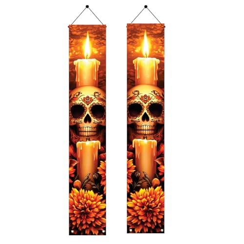Saoplasa Veranda-Banner, Tag der Toten, 180 x 30 cm, Durchmesser von Los Muertos, Kerze, Totenkopf, Dekorationen, Herzaugen, Zuckerschädel, Ringelblume, Blume, hängende Schilder für Halloween von Saoplasa
