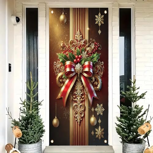 Saoplasa Weihnachtstürabdeckung, elegantes rotgoldenes Band, Banner, 180 x 89 cm, Stechpalmenschleife, Schnörkel-Design, Hintergrund, Urlaub, Wandbehang, Dekoration für Weihnachten, Party Saoplasa Weihnachtstürabdeckung, elegantes rotgoldenes Band, Banner, 180 x 89 cm, Stechpalmenschleife, Schnörkel-Design, Hintergrund, Urlaub, Wandbehang, Dekoration für Weihnachten, Party von Saoplasa