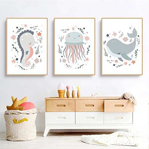 Sarah Duke 3er Kinder Poster Set, Seepferdchen Quallen Wale Kinderzimmer Deko Bilder, Cartoon Kinderposter Wandbilder, Ohne Rahmen Leinwand Bilder Kinder (30 x 40 cm) von Sarah Duke
