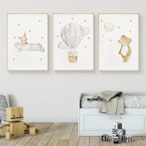 Sarah Duke 3er Kinderposter Set, Cartoon Tiere Heißluftballon Wandbilder Kinderzimmer, Ohne Rahmen Leinwandbilder Deko Geschenk für Junge Mädchen (30 x 40 cm) von Sarah Duke