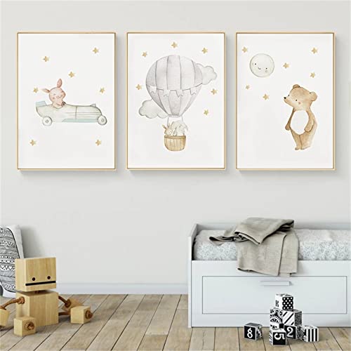 Sarah Duke 3er Kinderposter Set, Cartoon Tiere Heißluftballon Wandbilder Kinderzimmer, Ohne Rahmen Leinwandbilder Deko Geschenk für Junge Mädchen (40 x 50 cm) von Sarah Duke