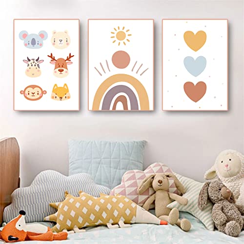 Sarah Duke 3er Poster Kinderzimmer Set, Regenbogen Tiere Liebe Kinderposter Wandbilder, Boho Wanddeko Bilder Set, Ohne Rahmen Leinwandbilder Kunst für Kinder (40 x 50 cm) von Sarah Duke