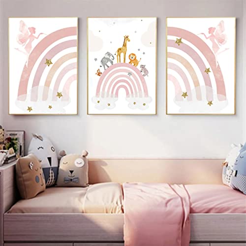 Sarah Duke 3er Set Poster Kinderzimmer, Regenbogen Tiere Fee Wandbilder Kinderposter, Ohne Rahmen Cartoon Leinwandbilder Kunst für Junge Mädchen (40 x 50 cm) von Sarah Duke