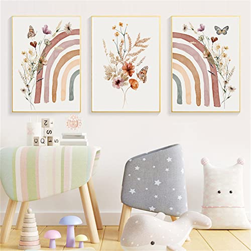 Sarah Duke 3er Set Poster Regenbogen Blume Schmetterling Kinderzimmer Deko, Boho Deko Wandbilder Kinderzimmer Babyzimmer Poster Bilder Mädchen Jungen, Ohne Rahmen (30x40cm) von Sarah Duke