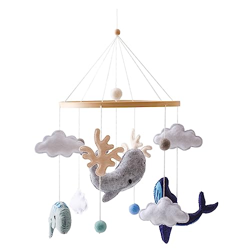 Sarah Duke Mobile Baby Windspiele mit Filzbällen Meerestiere 3D Wolken Mobile Baby Hölz Babybett, Wal Mobile Baby Neugeborene Jungen Mädchen Anhänger von Sarah Duke
