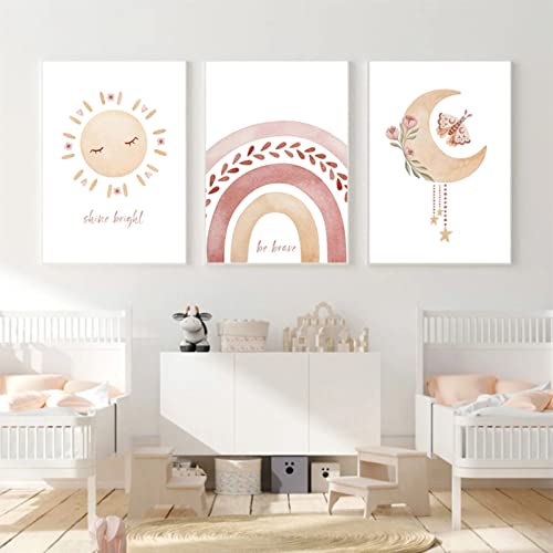 Sarah Duke Poster Kinderzimmer Boho, 3er Set Sonne Regenbogen Mond Babyzimmer Deko Bilder, Warm Wanddeko Kinderposter, Ohne Rahmen Wandbilder Leinwand (21 x 30 cm) von Sarah Duke