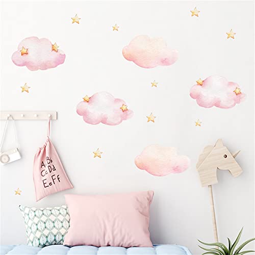 Sarah Duke Wandsticker Kinderzimmer Rosa Wolken Gold Sterne Wandtattoo Kinder Wandaufkleber Mädchen DIY Wanddeko Sticker für Kinder von Sarah Duke